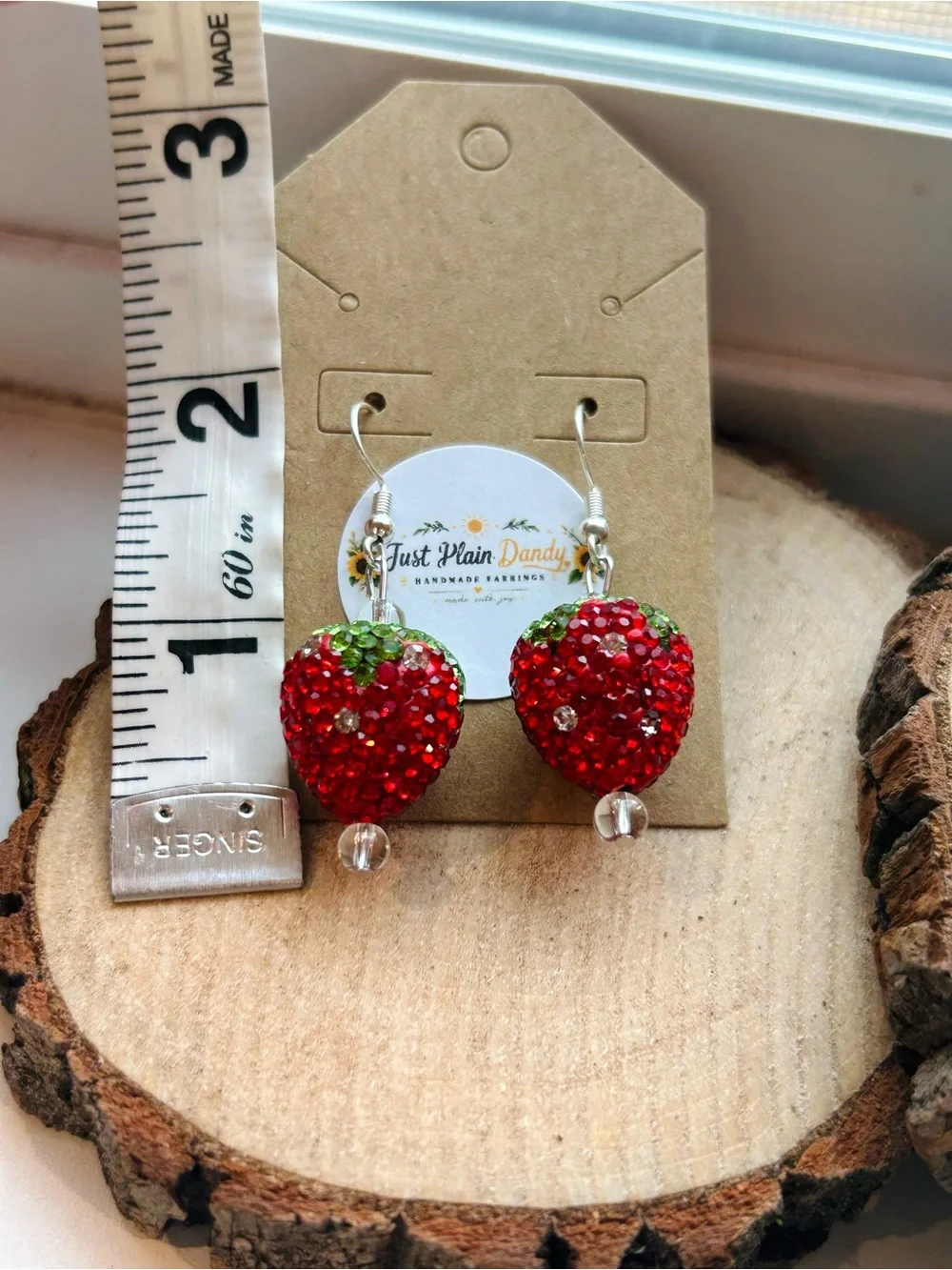 Handmade Strawberry Rhinestone Dangle Earrings NWT Cute Kawaii - Picture 4 of 4